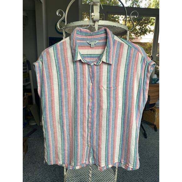 Orvis Top Striped Linen Blend Sleeveless Button-Down – Size M - Picture 1 of 8